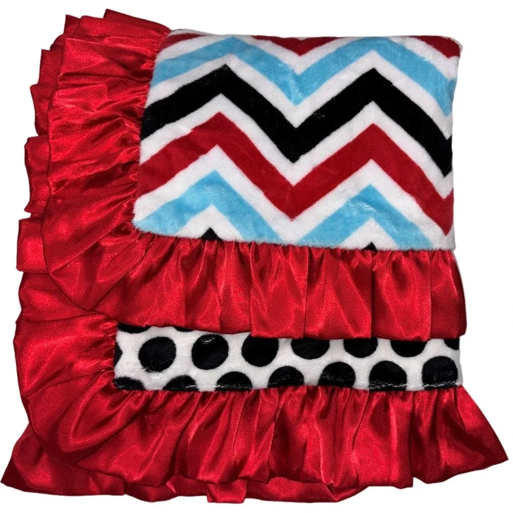 Minky Couture ?‎ Red Black Blue White Chevron Polka Dot Baby Blanket Satin Trim